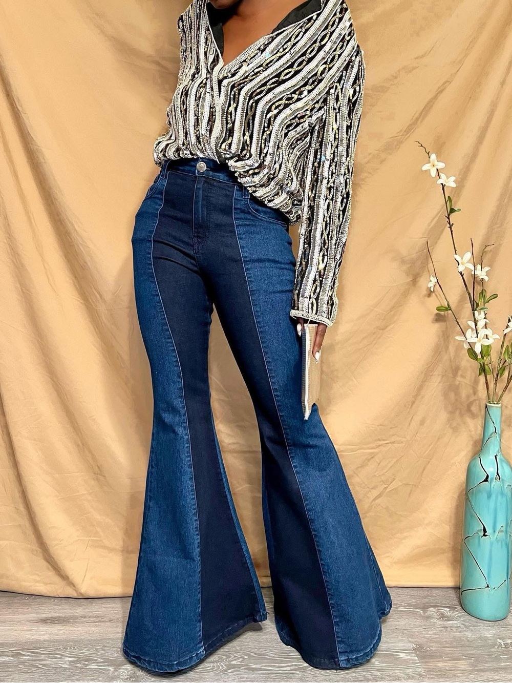 Lucky & Blessed Two-Tone Dark Blue High-Waist Flare Jeans